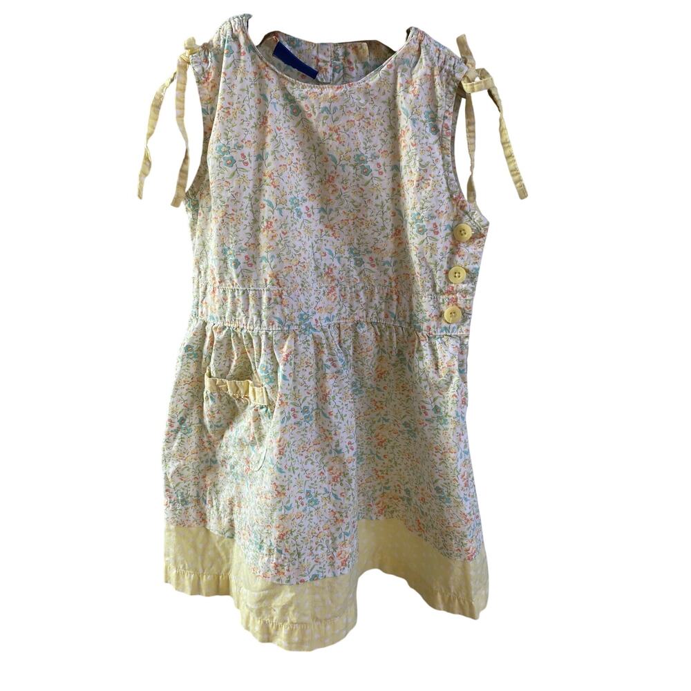 Osh Kosh B' Gosh Dress Cotton Yellow Floral Contrast Hem Sleeve Bows Size 4